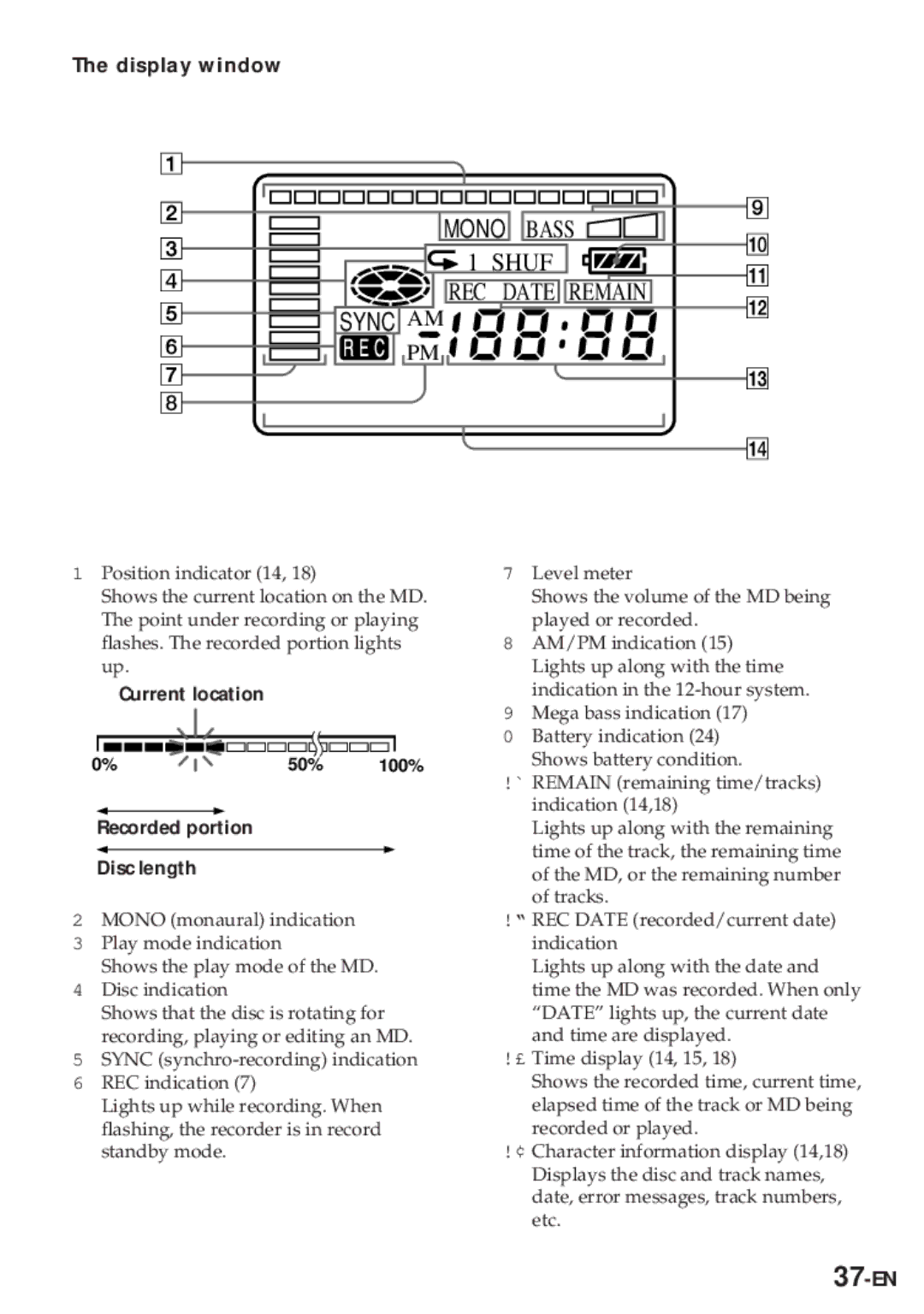 Sony MZ-R30 operating instructions Display window, 37-EN, Current location, Recorded portion Disc length 