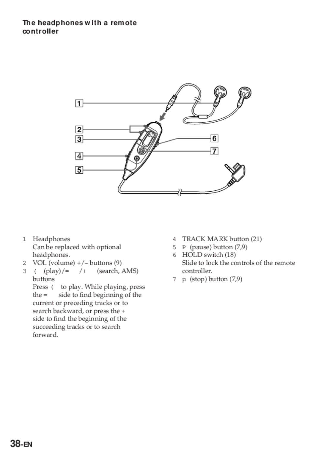 Sony MZ-R30 operating instructions Headphones with a remote controller, 38-EN 