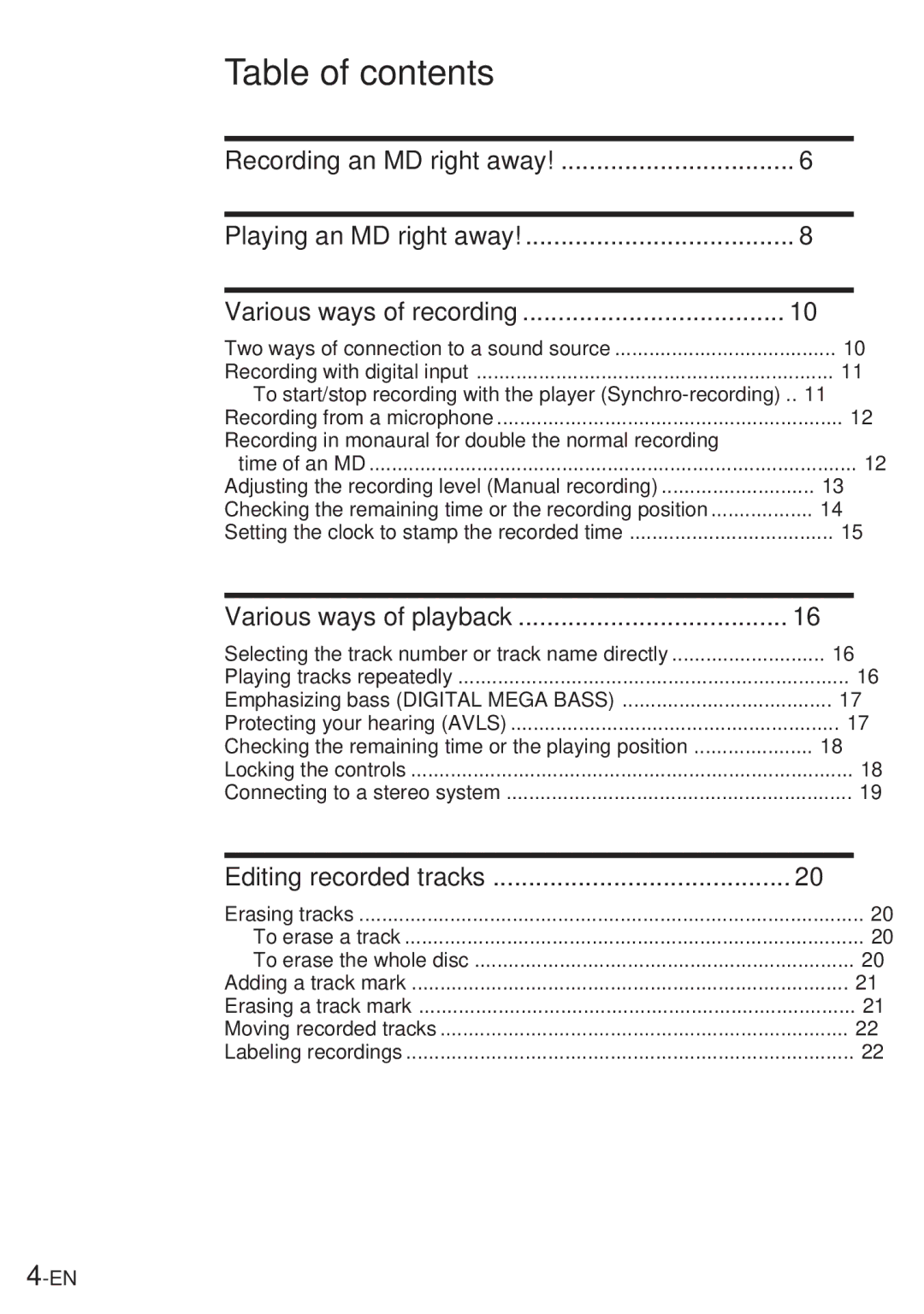 Sony MZ-R30 operating instructions Table of contents 