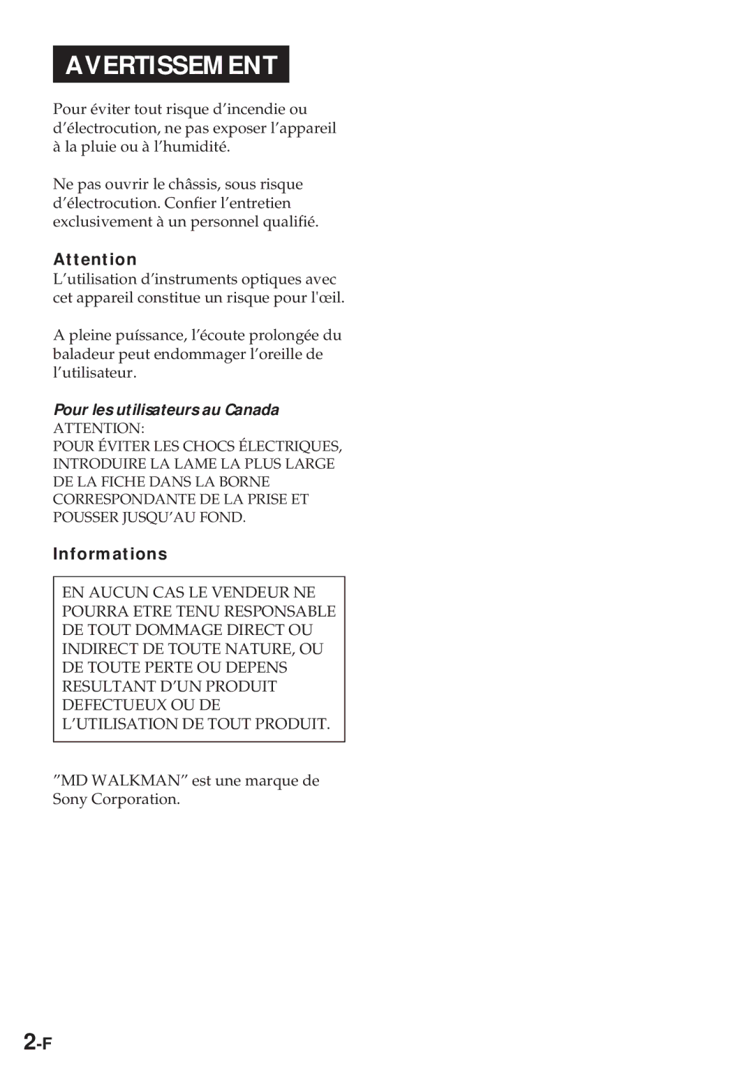 Sony MZ-R30 operating instructions Informations, Pour les utilisateurs au Canada 