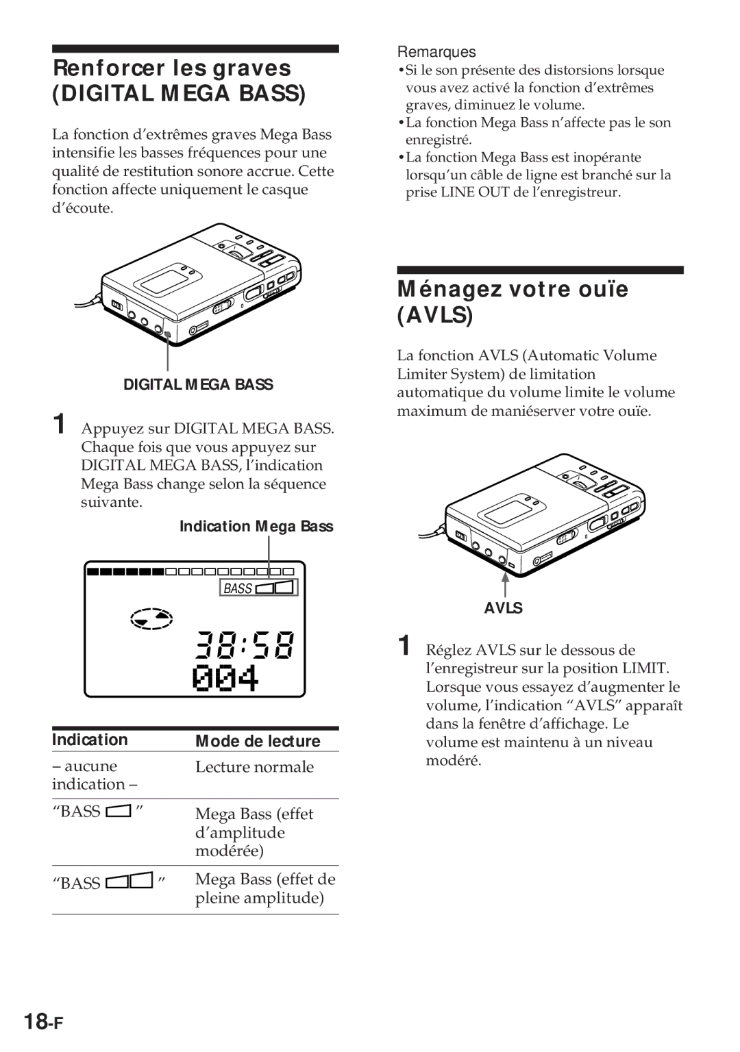 Sony MZ-R30 operating instructions Renforcer les graves, Ménagez votre ouïe Avls, 18-F 