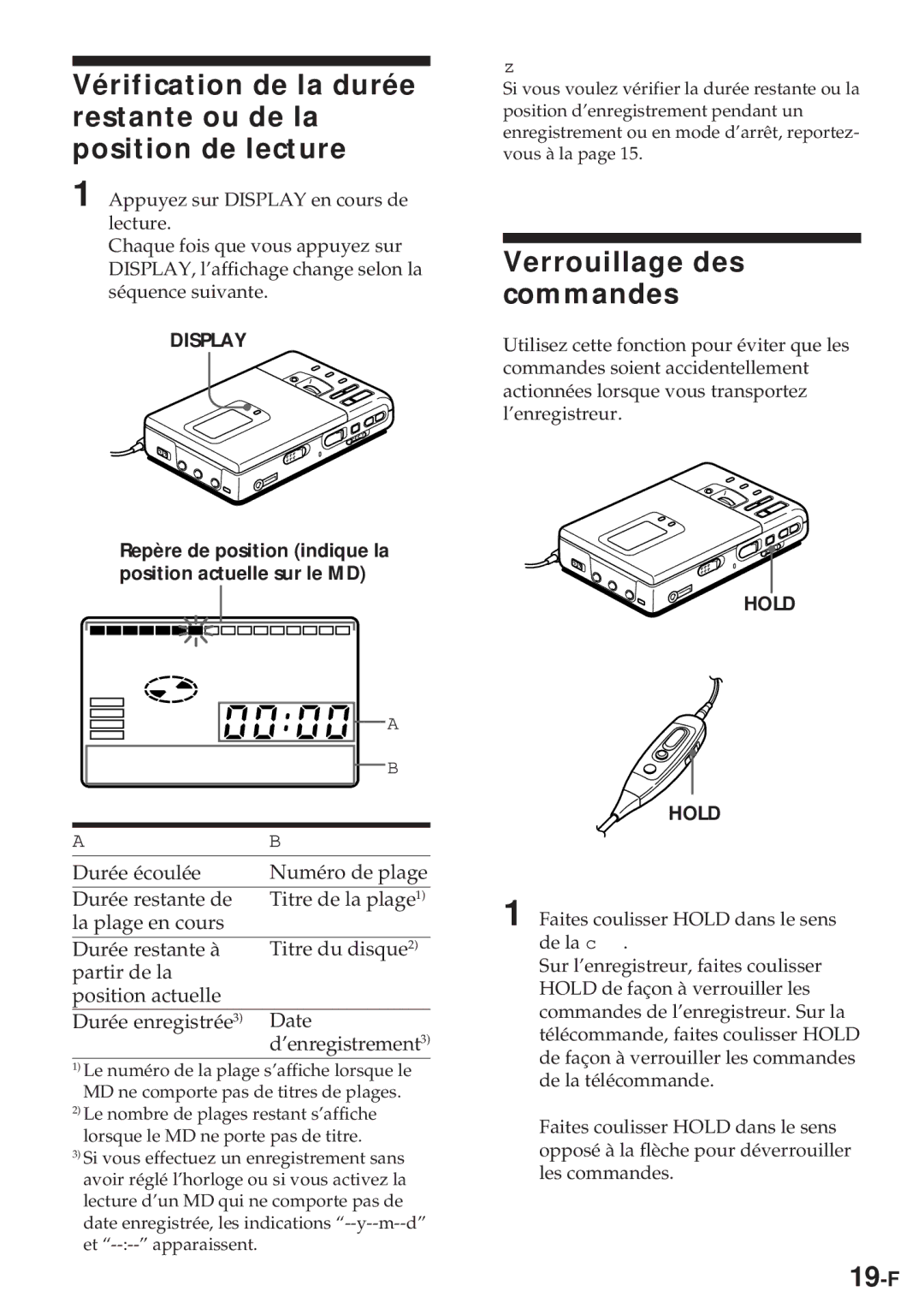 Sony MZ-R30 operating instructions Verrouillage des commandes, 19-F 