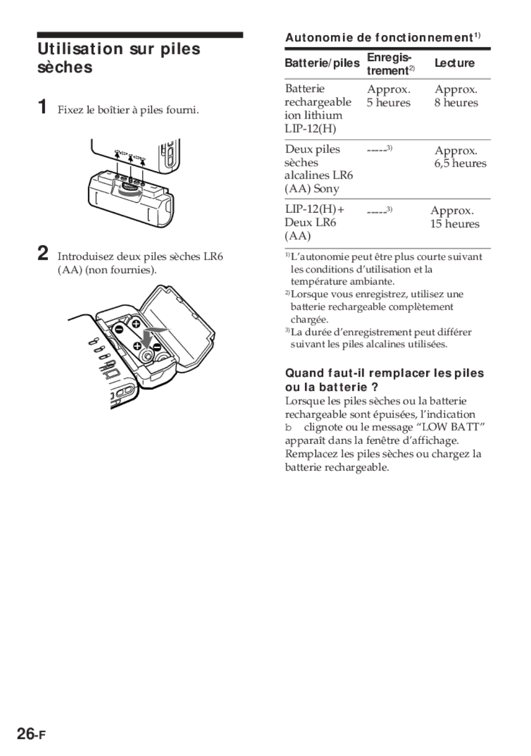 Sony MZ-R30 Utilisation sur piles sèches, 26-F, Autonomie de fonctionnement1, Enregis Lecture Trement2 