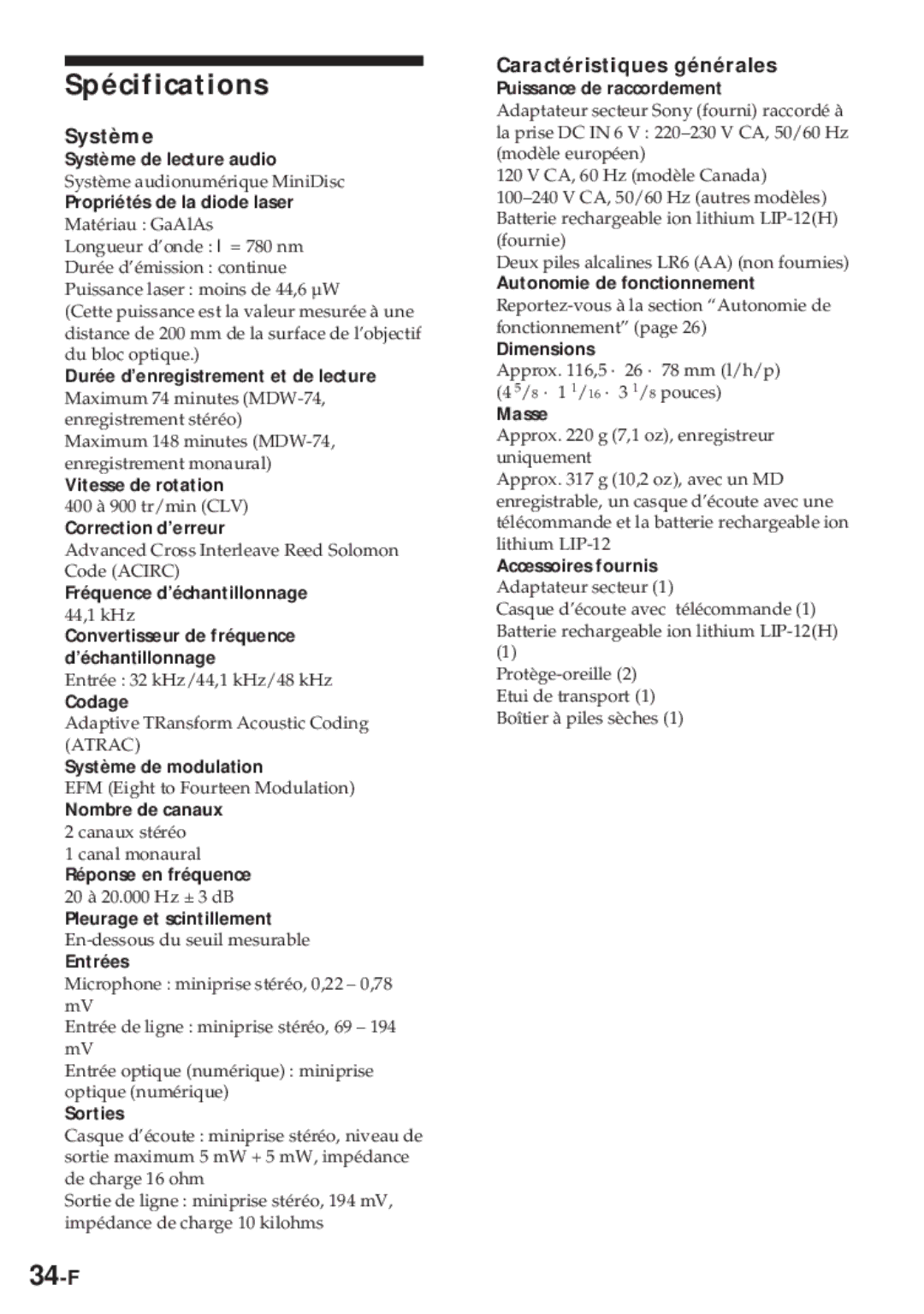 Sony MZ-R30 operating instructions Spécifications, 34-F, Système, Caractéristiques générales 