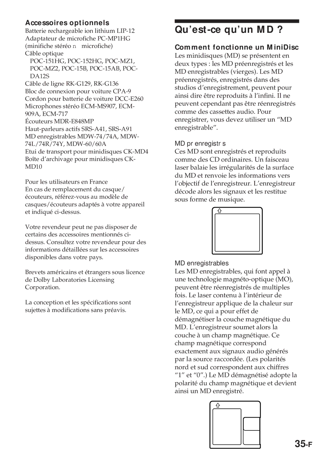 Sony MZ-R30 operating instructions Qu’est-ce qu’un MD ?, 35-F, Accessoires optionnels, Comment fonctionne un MiniDisc 