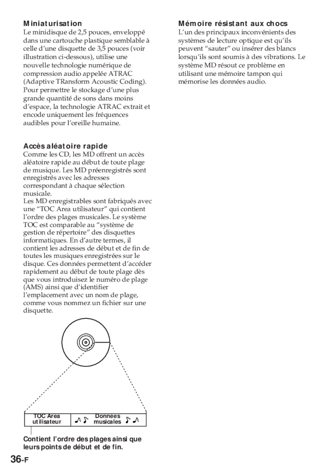 Sony MZ-R30 operating instructions 36-F, Miniaturisation, Accès aléatoire rapide, Mémoire résistant aux chocs 
