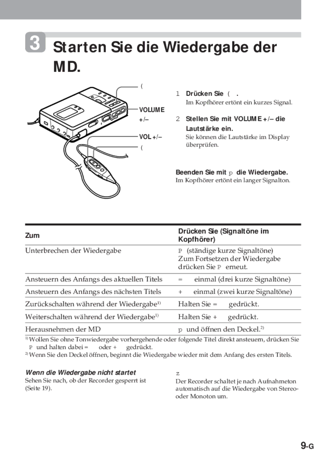 Sony MZ-R30 operating instructions Starten Sie die Wiedergabe der, VOL + Stellen Sie mit Volume +/- die Lautstärke ein 