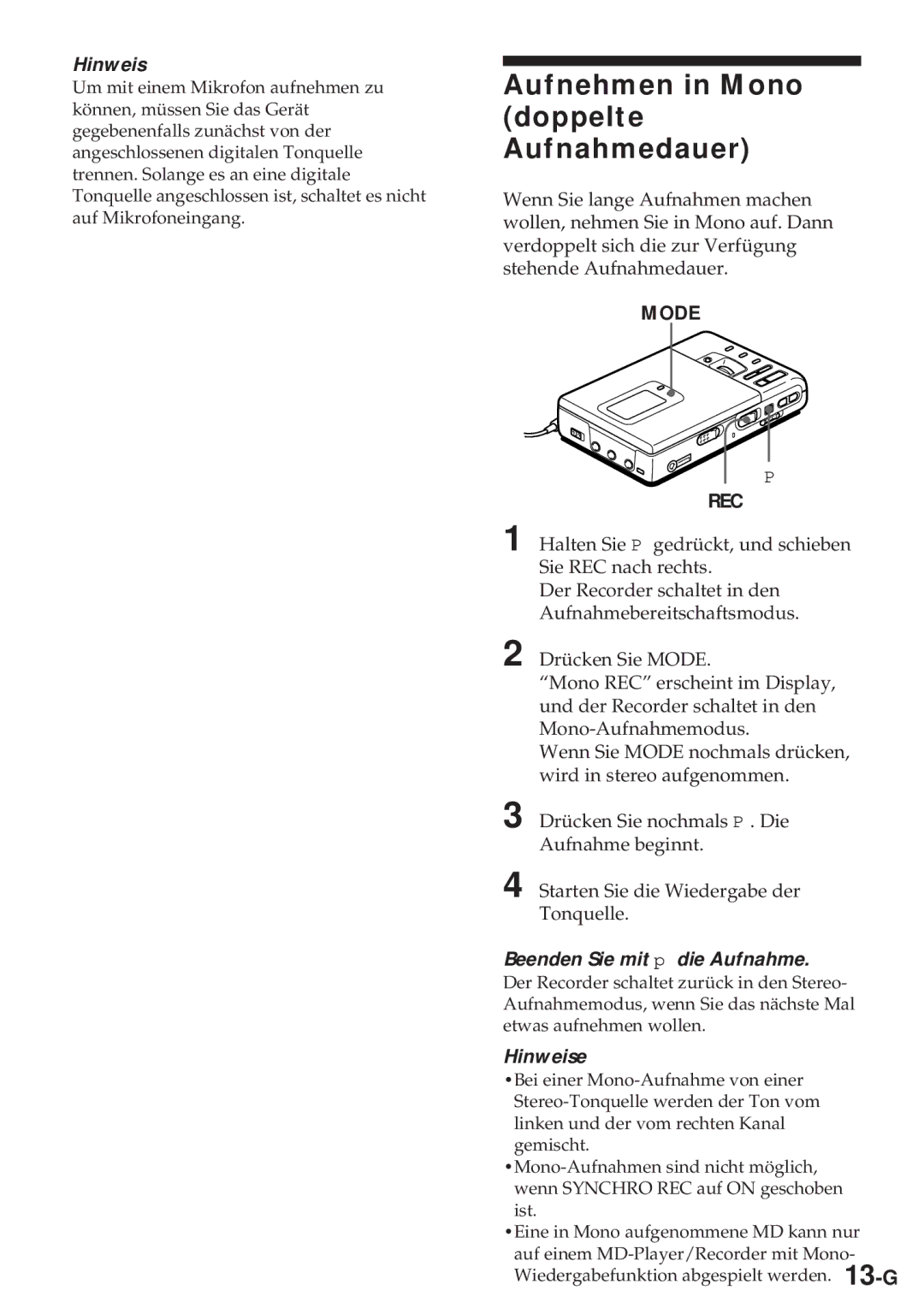 Sony MZ-R30 operating instructions Aufnehmen in Mono doppelte Aufnahmedauer, Hinweis 