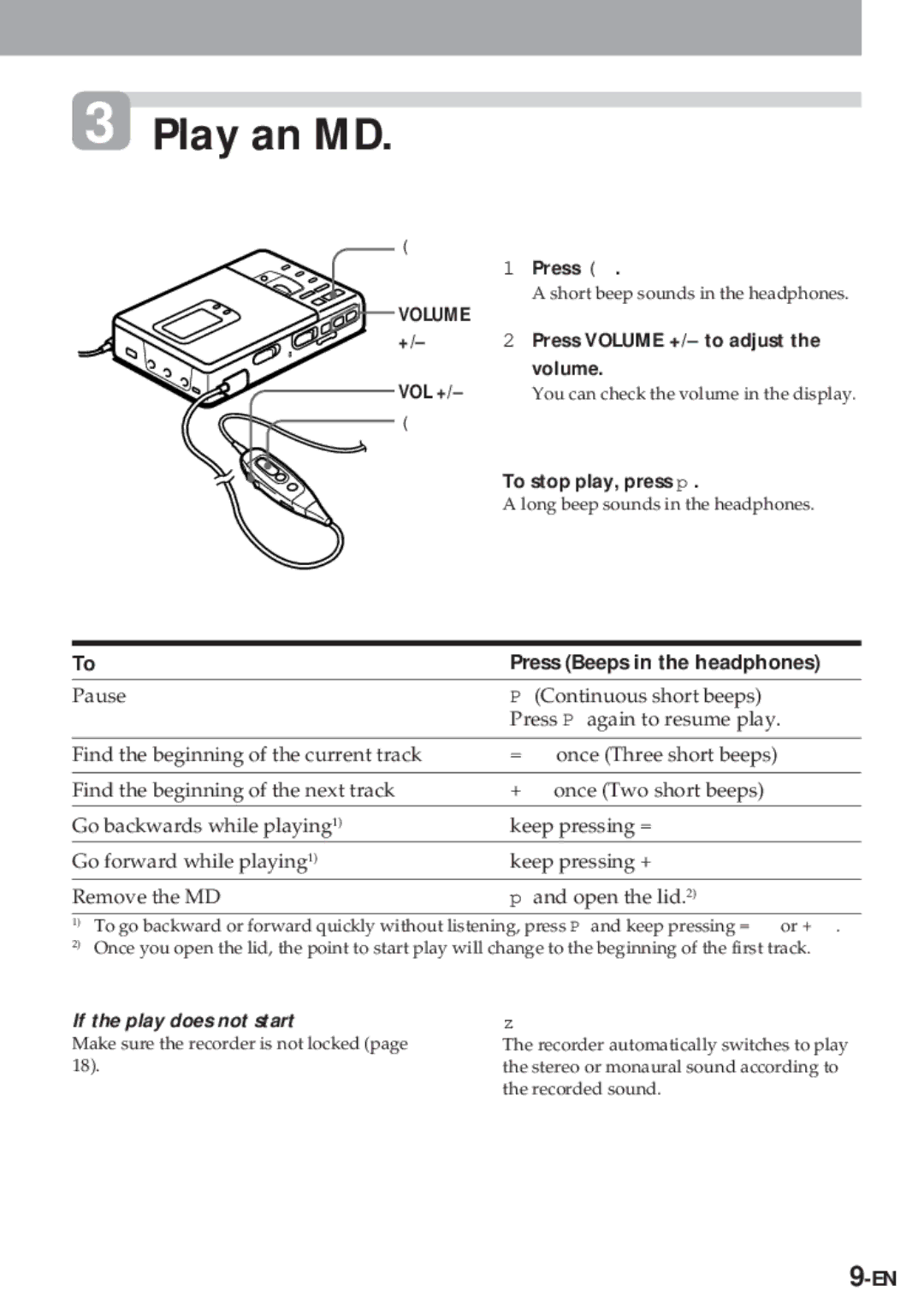 Sony MZ-R30 operating instructions Play an MD, VOL + Volume, If the play does not start 