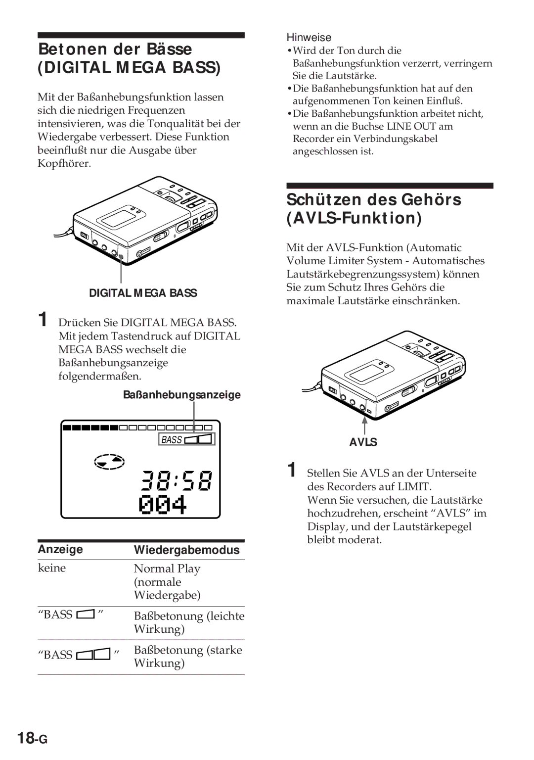 Sony MZ-R30 operating instructions Betonen der Bässe, Schützen des Gehörs AVLS-Funktion, 18-G 