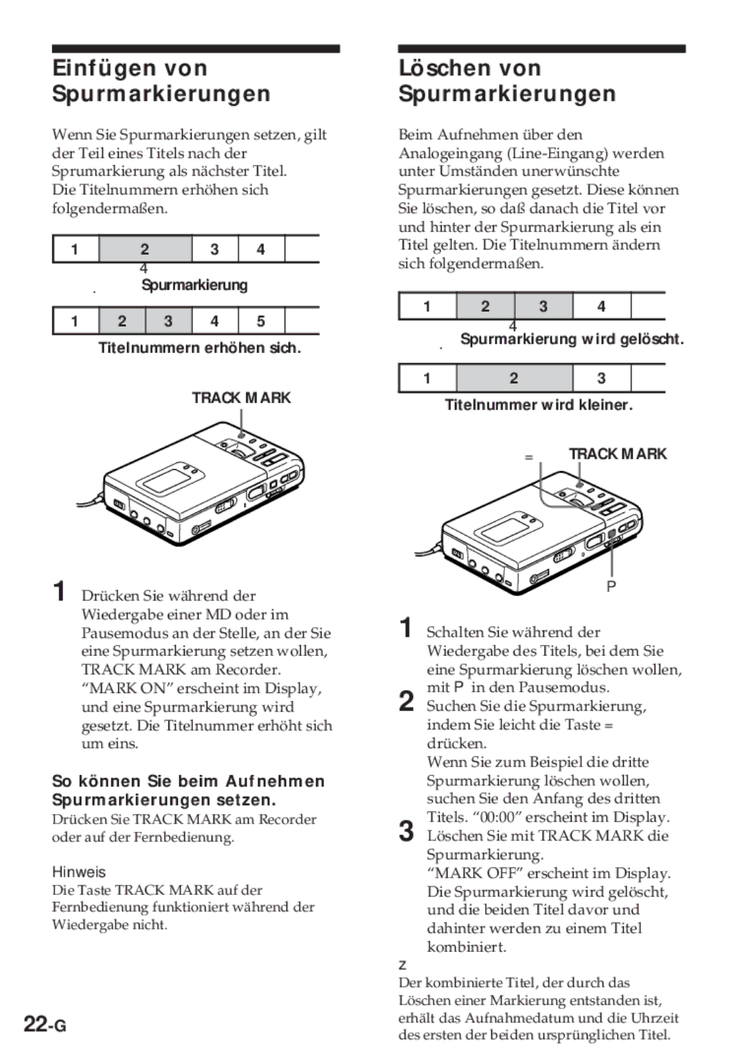 Sony MZ-R30 Einfügen von Spurmarkierungen, 22-G Löschen von Spurmarkierungen, Titelnummern erhöhen sich 