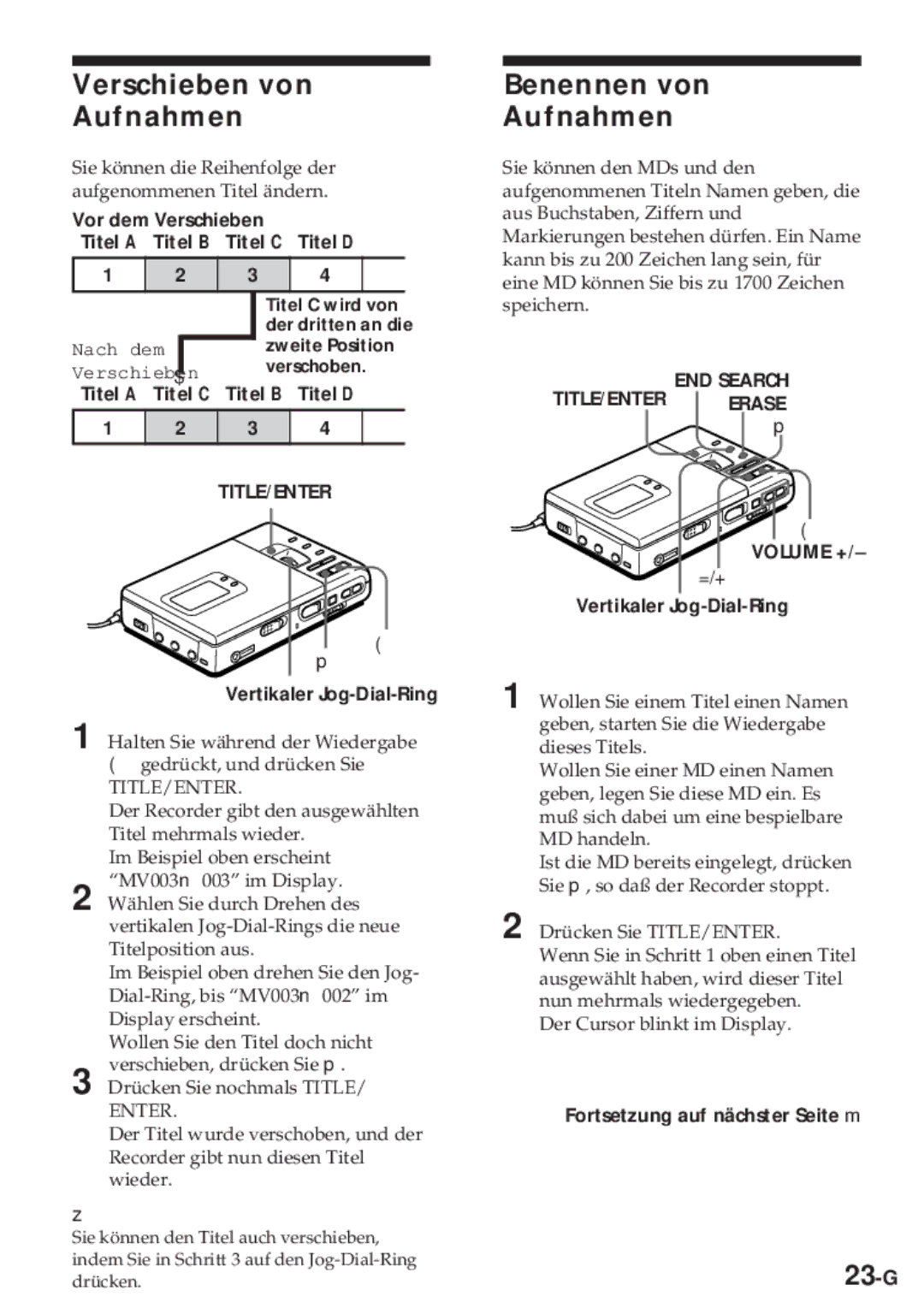 Sony MZ-R30 operating instructions Verschieben von Aufnahmen, Benennen von Aufnahmen, 23-G 