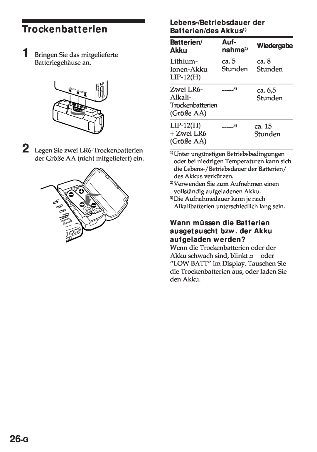 Sony MZ-R30 operating instructions Trockenbatterien, 26-G, Lebens-/Betriebsdauer der Batterien/des Akkus1, nahme2 