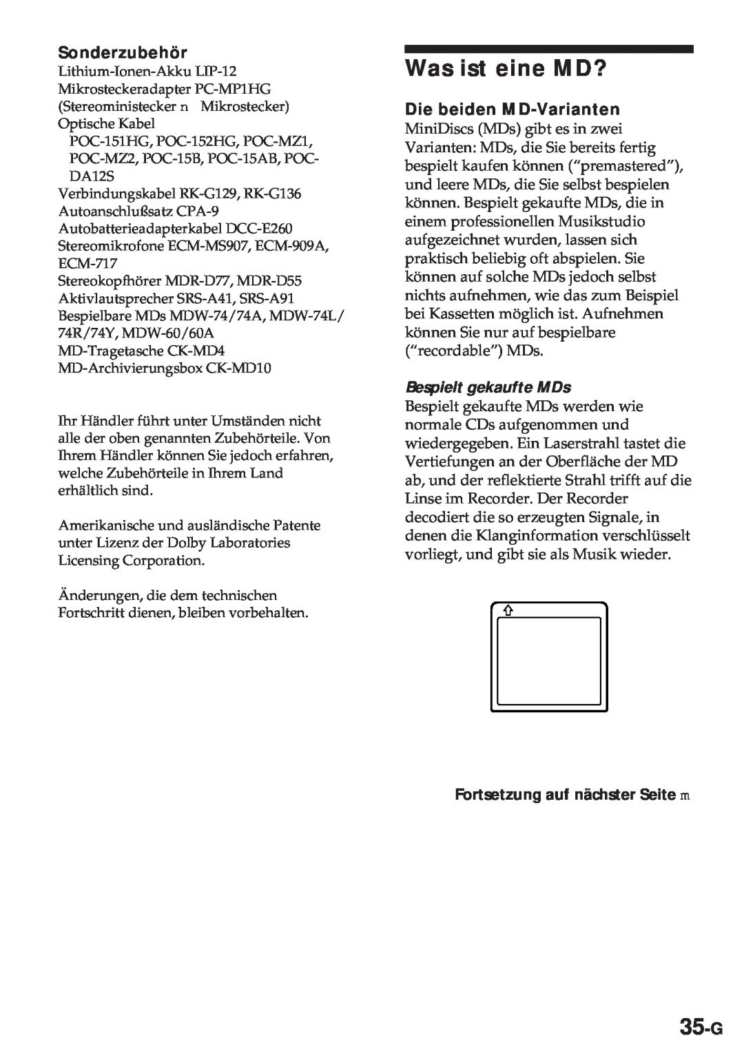 Sony MZ-R30 operating instructions Was ist eine MD?, 35-G, Sonderzubehör, Die beiden MD-Varianten, Bespielt gekaufte MDs 