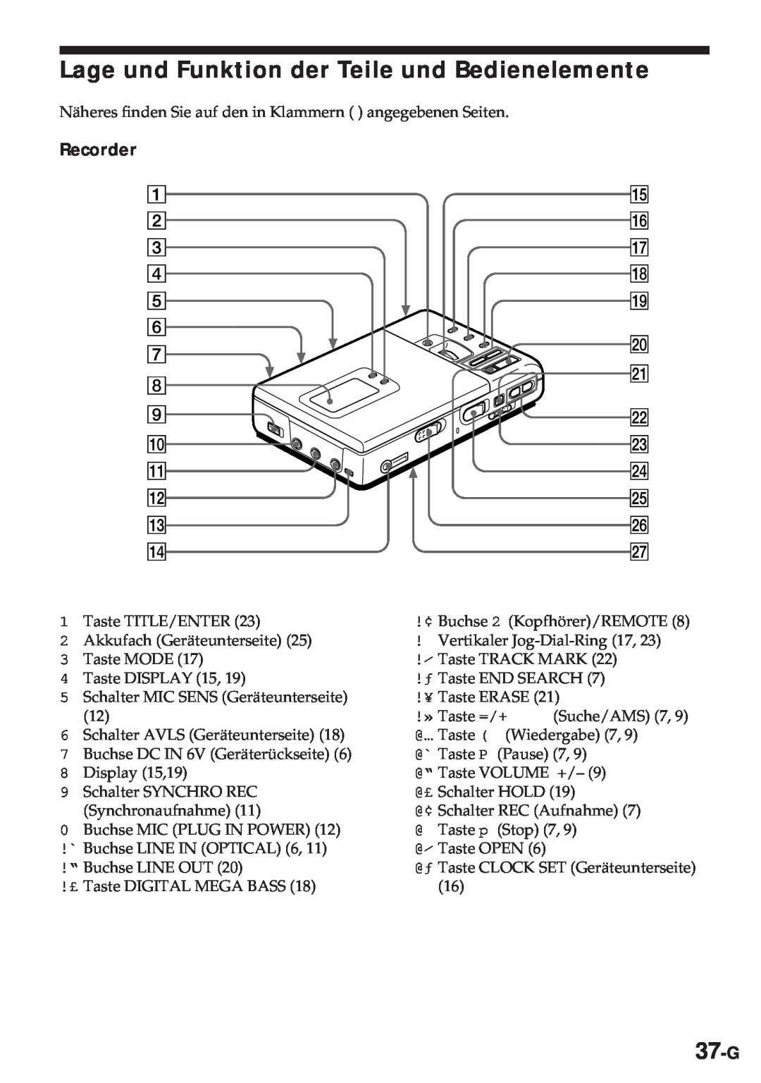 Sony MZ-R30 operating instructions Lage und Funktion der Teile und Bedienelemente, 37-G, Recorder 