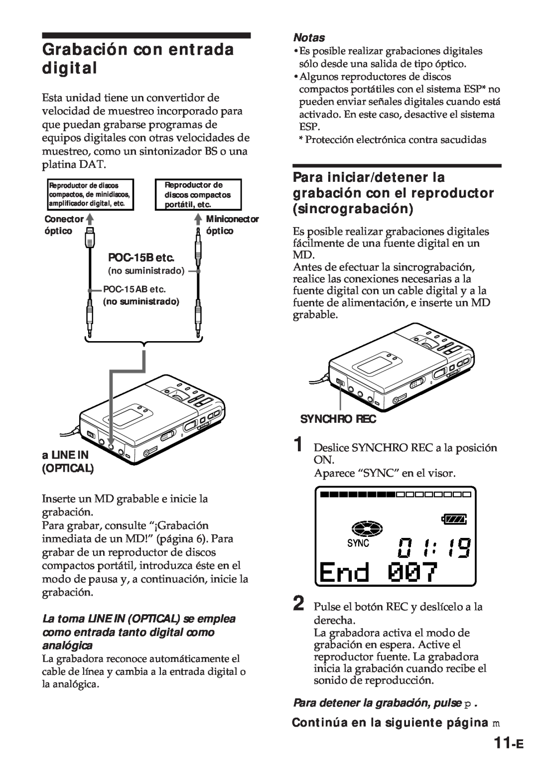 Sony MZ-R30 Grabación con entrada digital, 11-E, Para iniciar/detener la grabación con el reproductor sincrograbación 