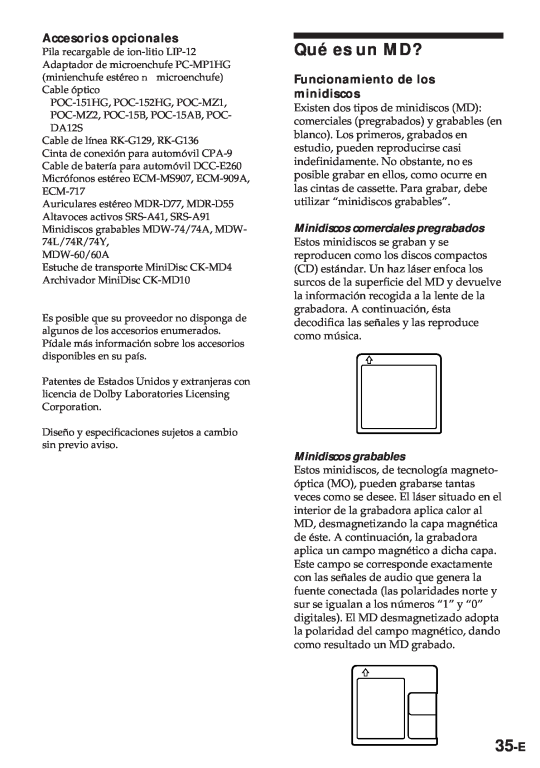 Sony MZ-R30 Qué es un MD?, 35-E, Accesorios opcionales, Funcionamiento de los minidiscos, Minidiscos grabables 