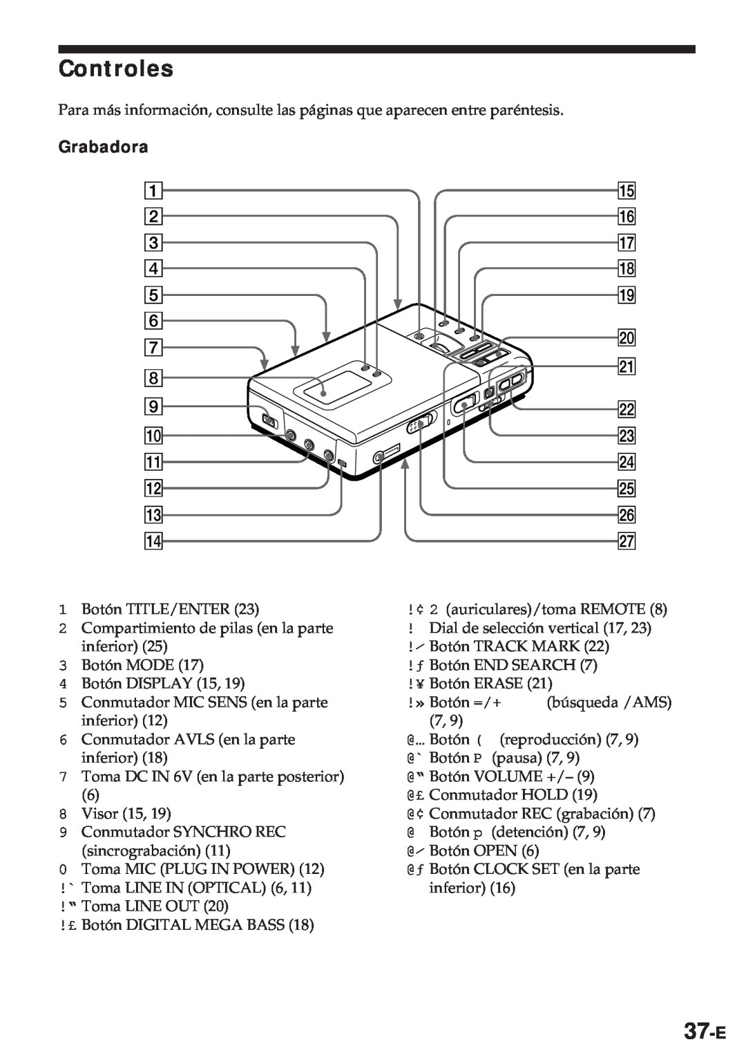 Sony MZ-R30 operating instructions Controles, 37-E, Grabadora 