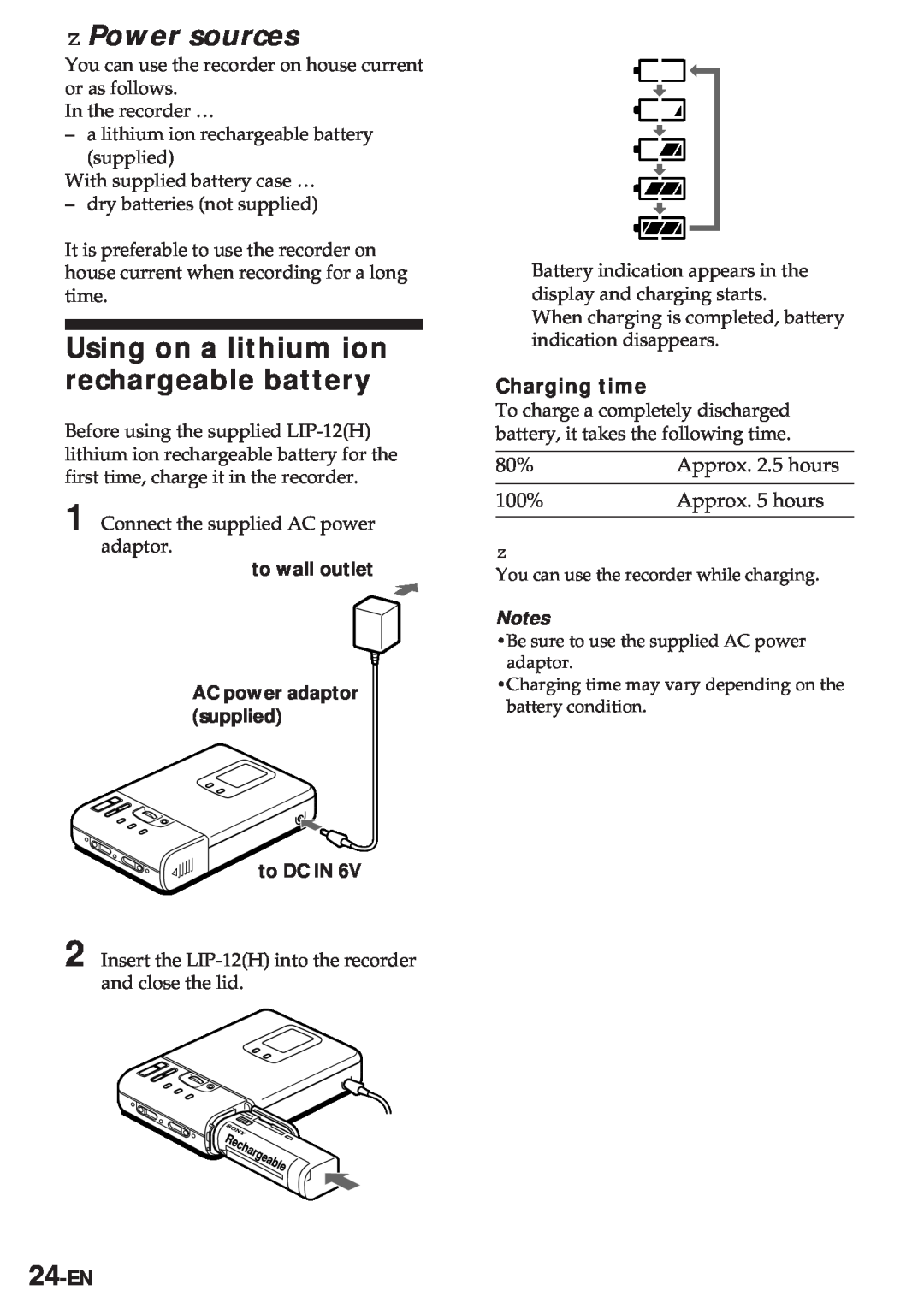 Sony MZ-R30 operating instructions z Power sources, Using on a lithium ion rechargeable battery, Charging time, 24-EN 