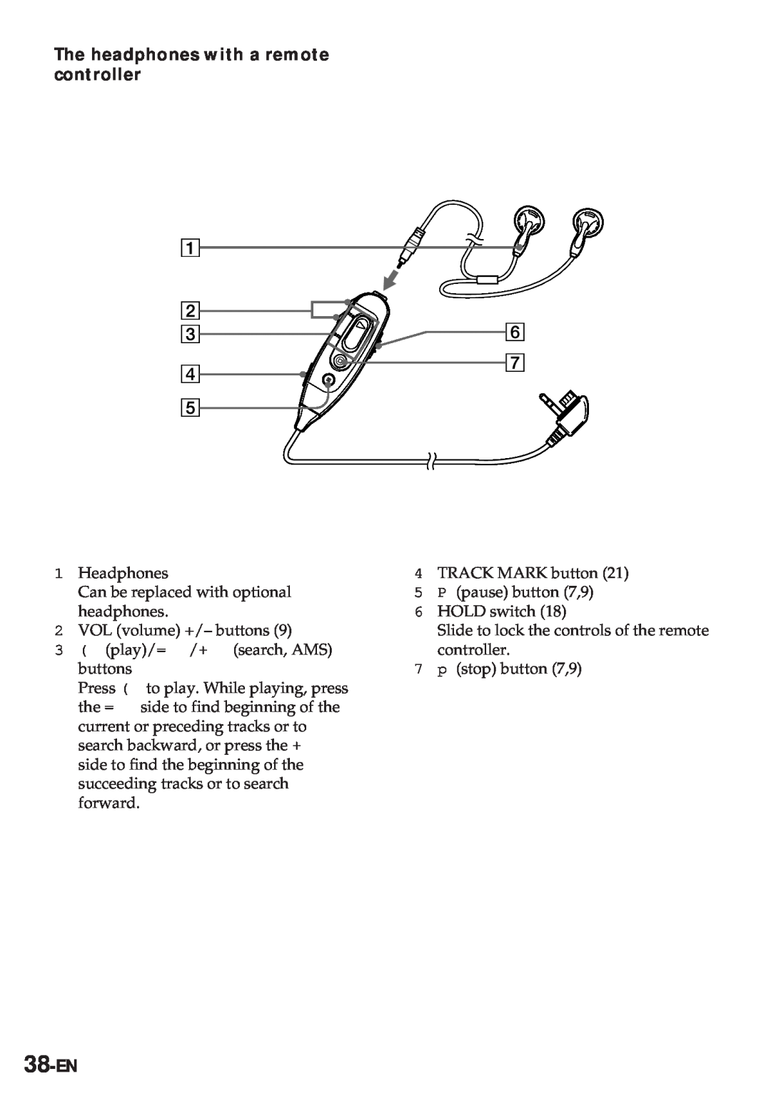 Sony MZ-R30 operating instructions The headphones with a remote controller, 38-EN 