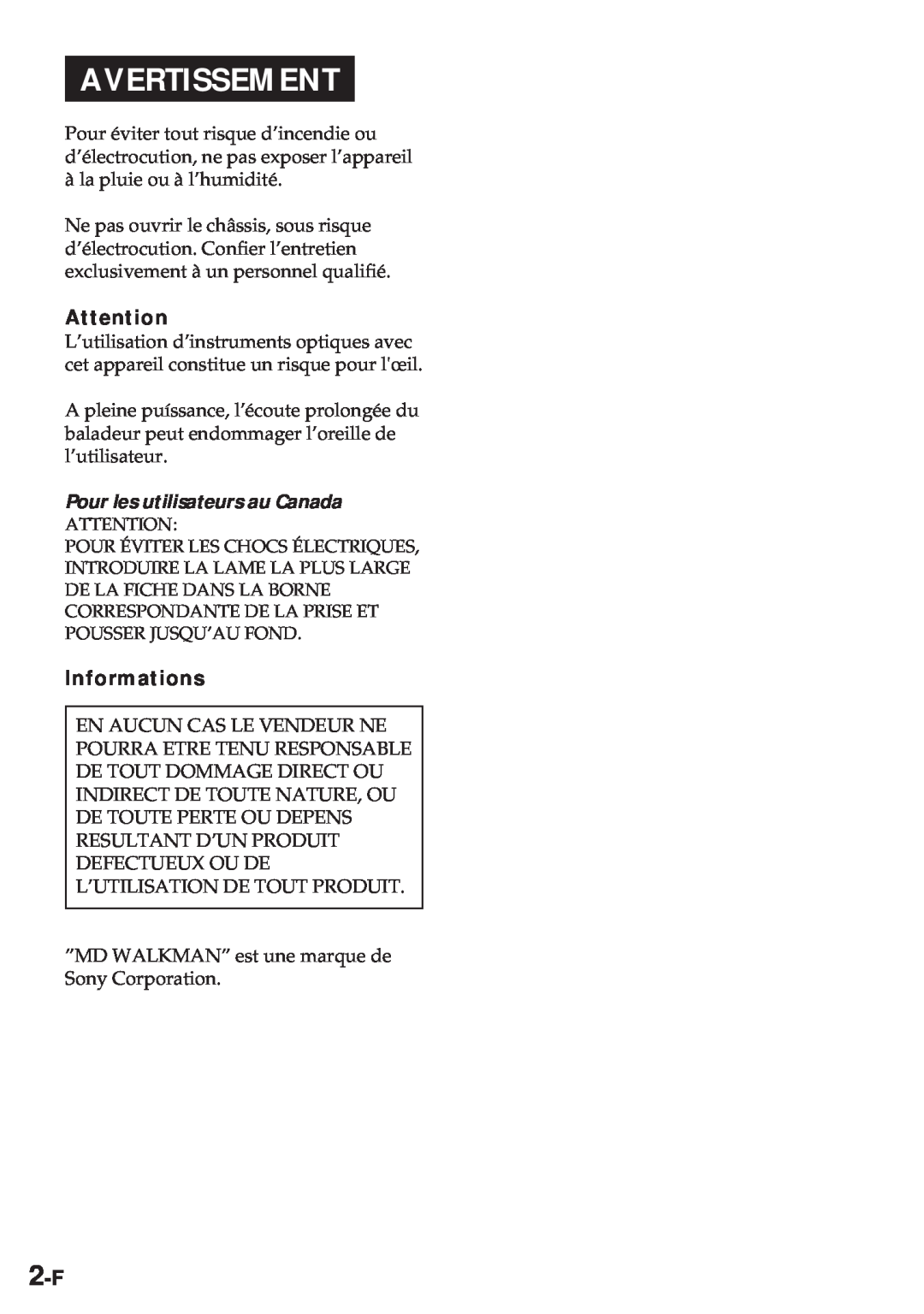 Sony MZ-R30 operating instructions Avertissement, Informations, Pour les utilisateurs au Canada 