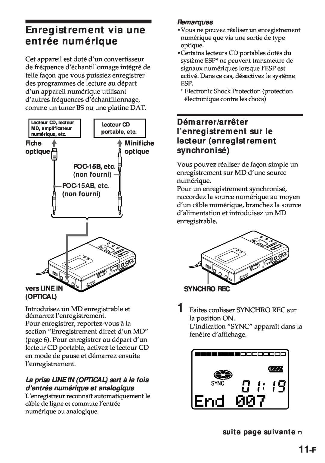 Sony MZ-R30 Enregistrement via une entrée numérique, 11-F, suite page suivante m, Fiche, optique, Remarques, Synchro Rec 