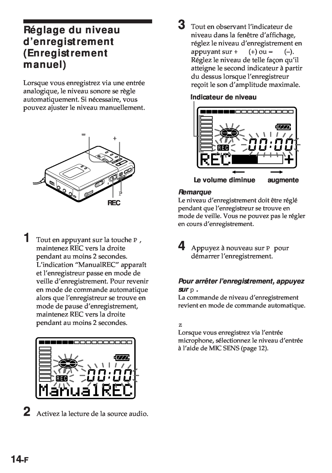 Sony MZ-R30 Réglage du niveau d’enregistrement Enregistrement manuel, 14-F, Indicateur de niveau, Le volume diminue 
