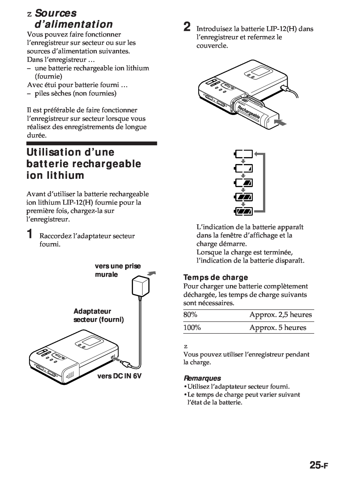 Sony MZ-R30 z Sources d’alimentation, Utilisation d’une batterie rechargeable ion lithium, 25-F, Temps de charge 