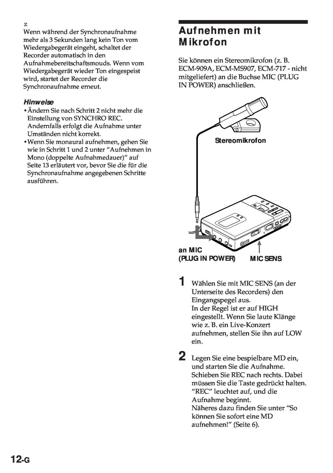 Sony MZ-R30 operating instructions Aufnehmen mit Mikrofon, 12-G, Hinweise, Stereomikrofon, an MIC, Plug In Power 