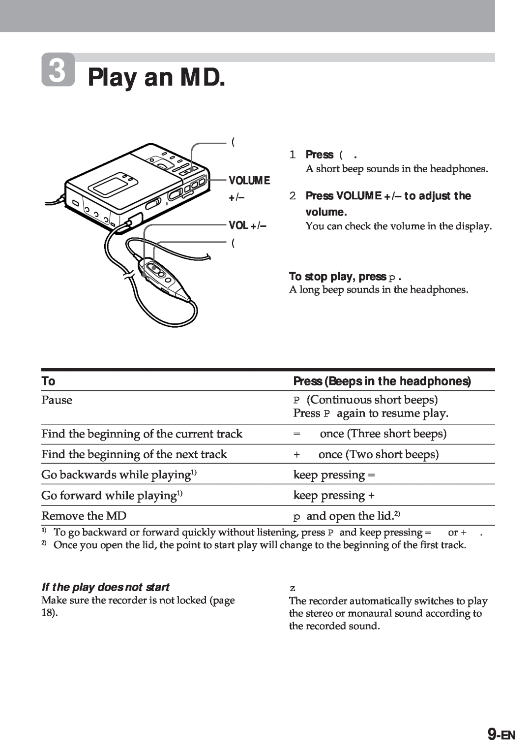Sony MZ-R30 operating instructions Play an MD, Press, Volume, Vol +, volume, 9-EN 