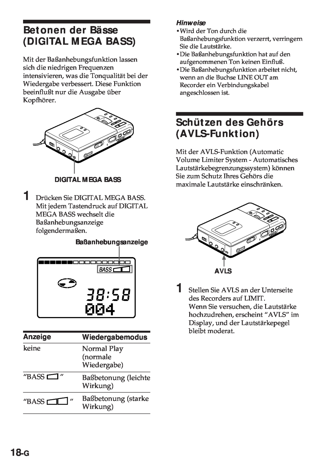 Sony MZ-R30 operating instructions Betonen der Bässe DIGITAL MEGA BASS, Schützen des Gehörs AVLS-Funktion, 18-G, Anzeige 