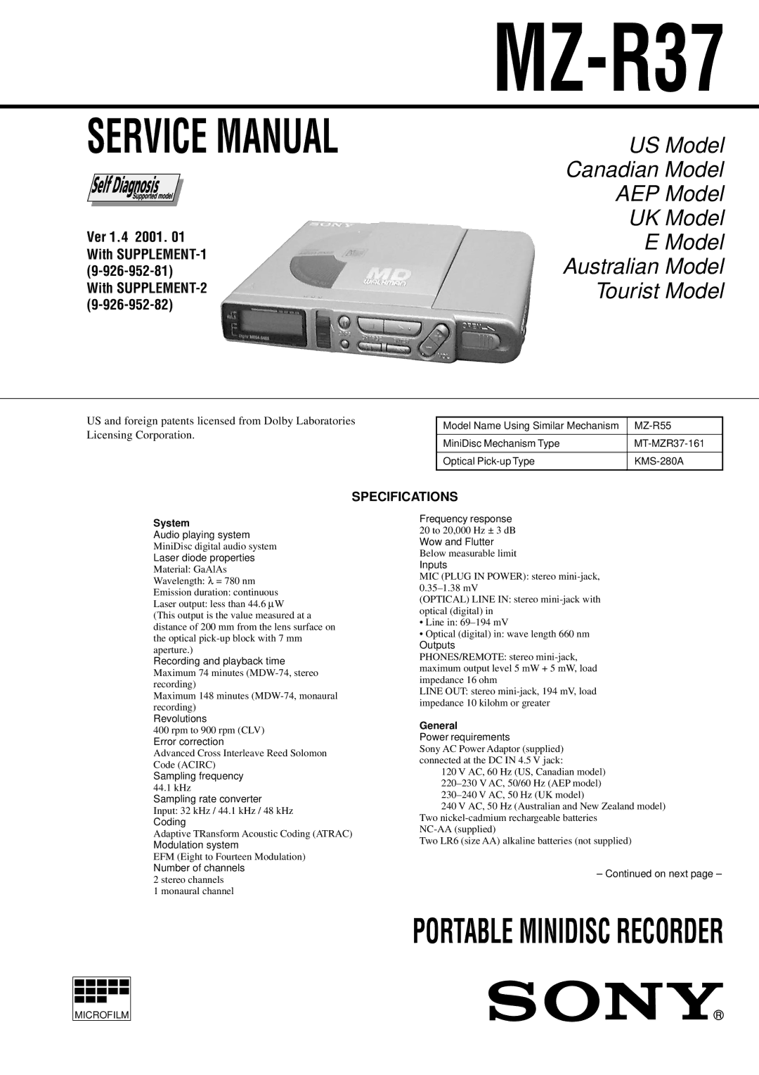 Sony MZ-R37 specifications Specifications 