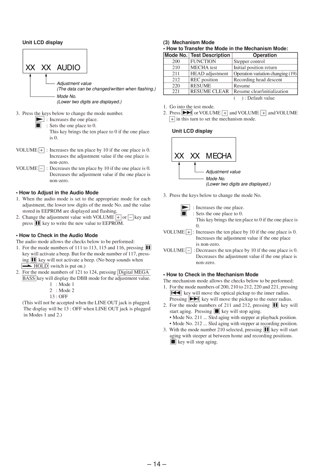 Sony MZ-R37 How to Adjust in the Audio Mode, How to Check in the Audio Mode, How to Check in the Mechanism Mode 