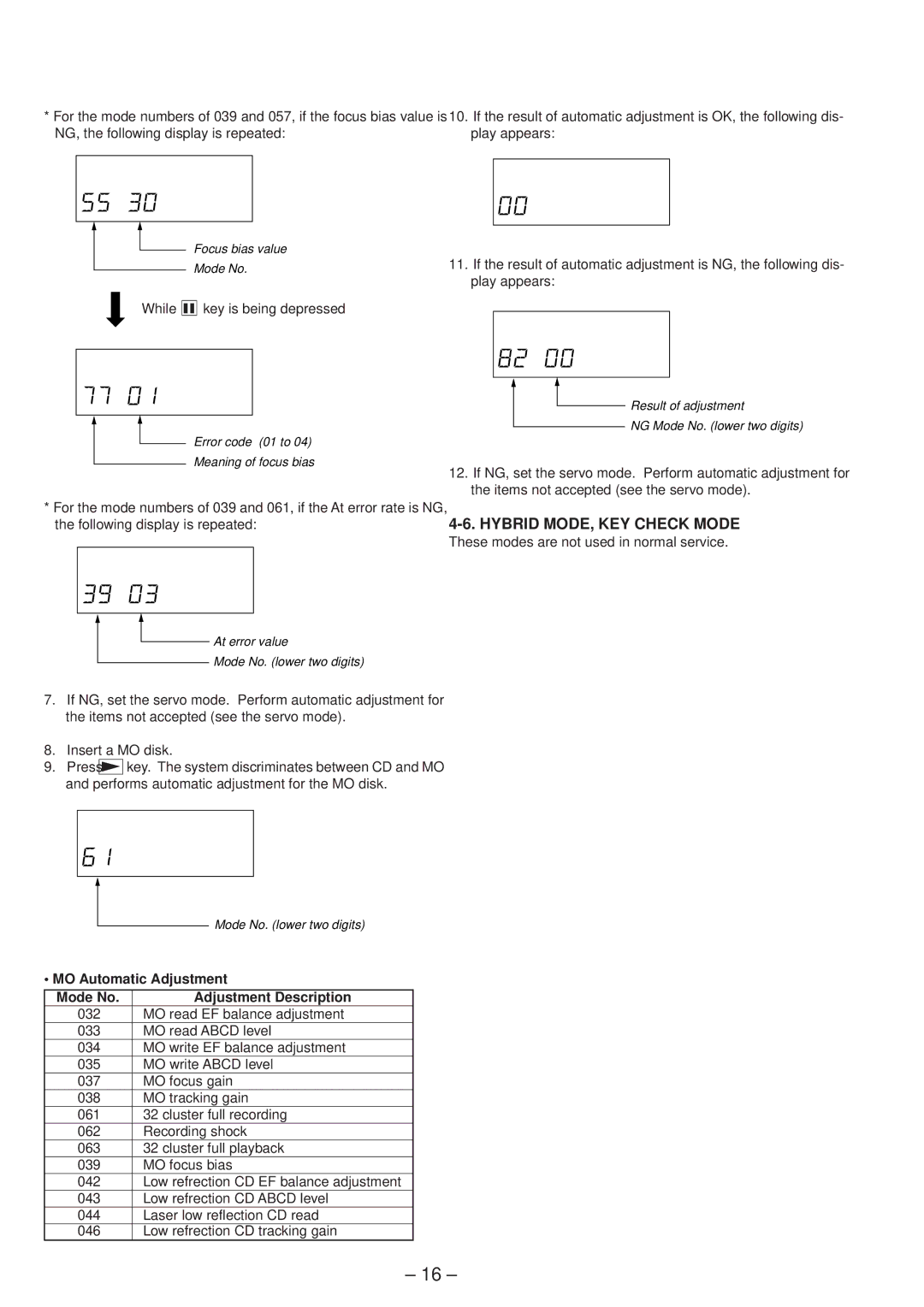 Sony MZ-R37 specifications Hybrid MODE, KEY Check Mode, MO Automatic Adjustment, Mode No Adjustment Description 