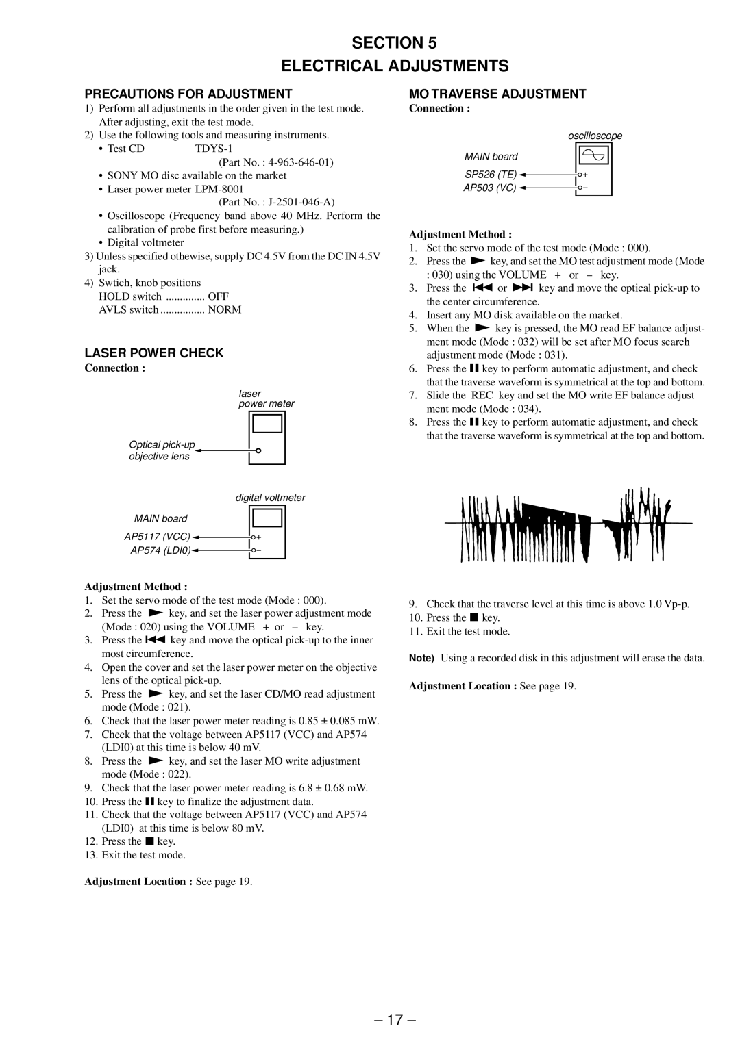 Sony MZ-R37 Section Electrical Adjustments, Precautions for Adjustment, Laser Power Check, MO Traverse Adjustment, TDYS-1 