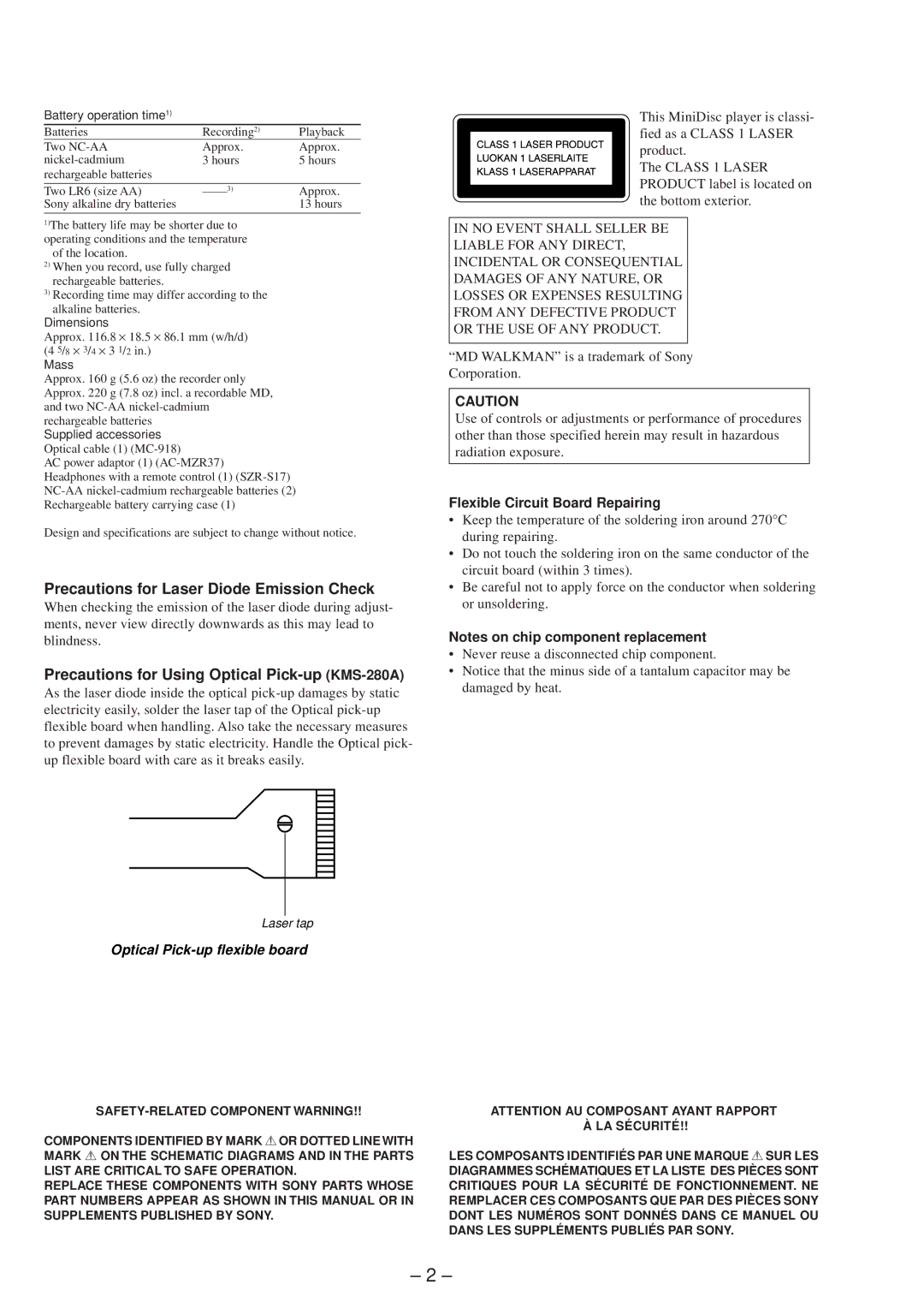 Sony MZ-R37 specifications Flexible Circuit Board Repairing, Battery operation time1 