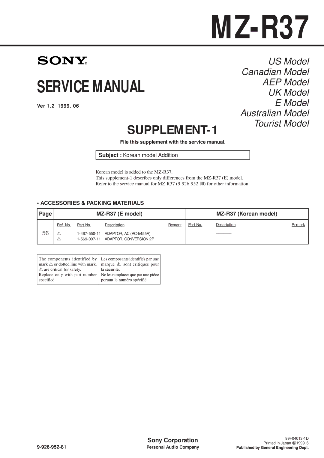 Sony MZ-R37 specifications Accessories & Packing Materials, ADAPTOR, AC AC-E455A, ADAPTOR, Conversion 2P 