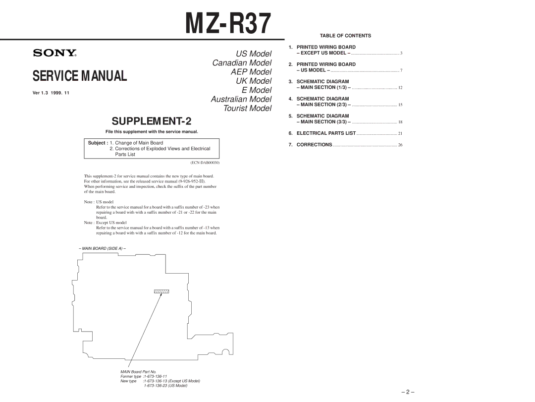 Sony MZ-R37 specifications Table of Contents Printed Wiring Board, Schematic Diagram, Corrections 