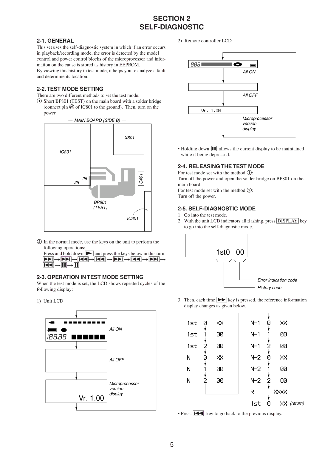 Sony MZ-R37 Section SELF-DIAGNOSTIC, Operation in Test Mode Setting, Releasing the Test Mode, SELF-DIAGNOSTIC Mode 