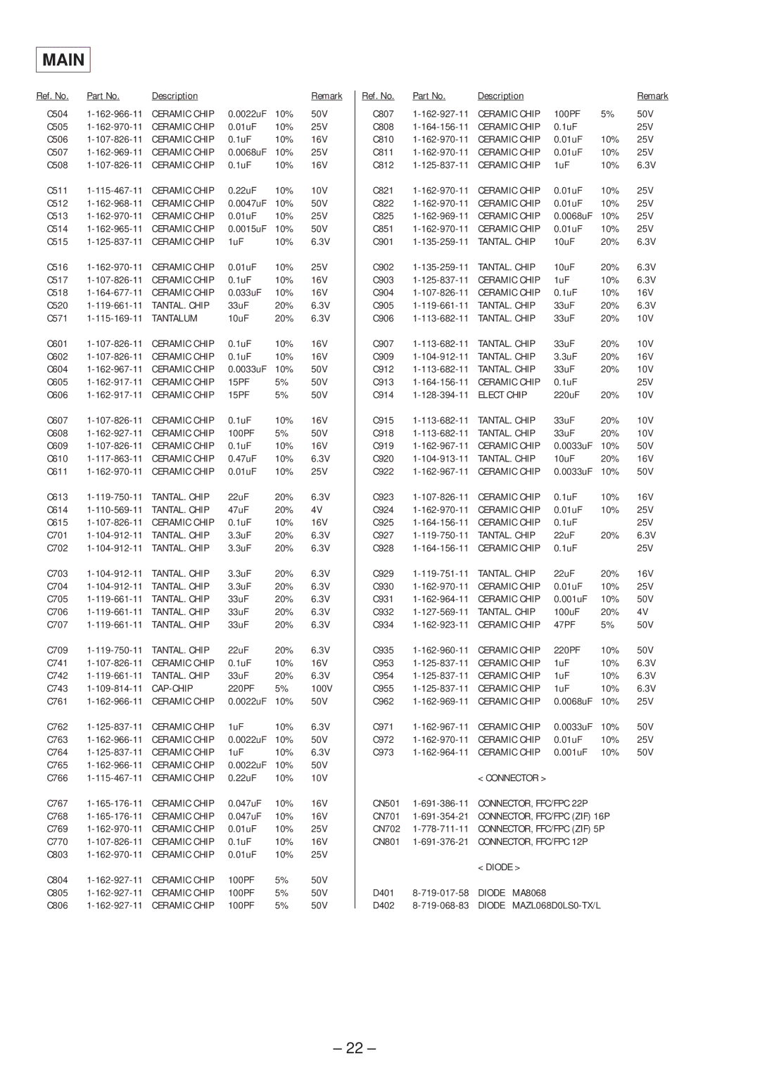 Sony MZ-R37 specifications Tantalum, Cap-Chip 