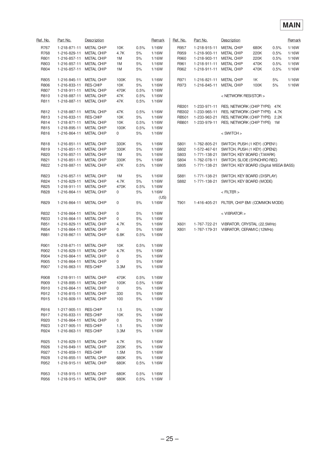 Sony MZ-R37 specifications Network Resistor, Filter, FILTER, Chip EMI Common Mode 