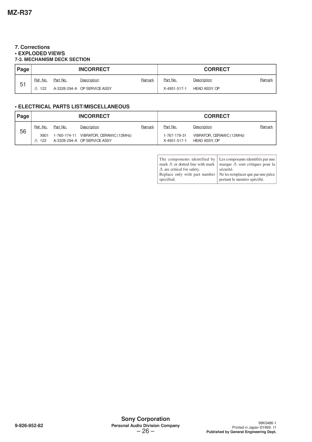 Sony MZ-R37 specifications Electrical Parts LIST/MISCELLANEOUS Incorrect Correct, OP Service Assy, Head ASSY, OP 