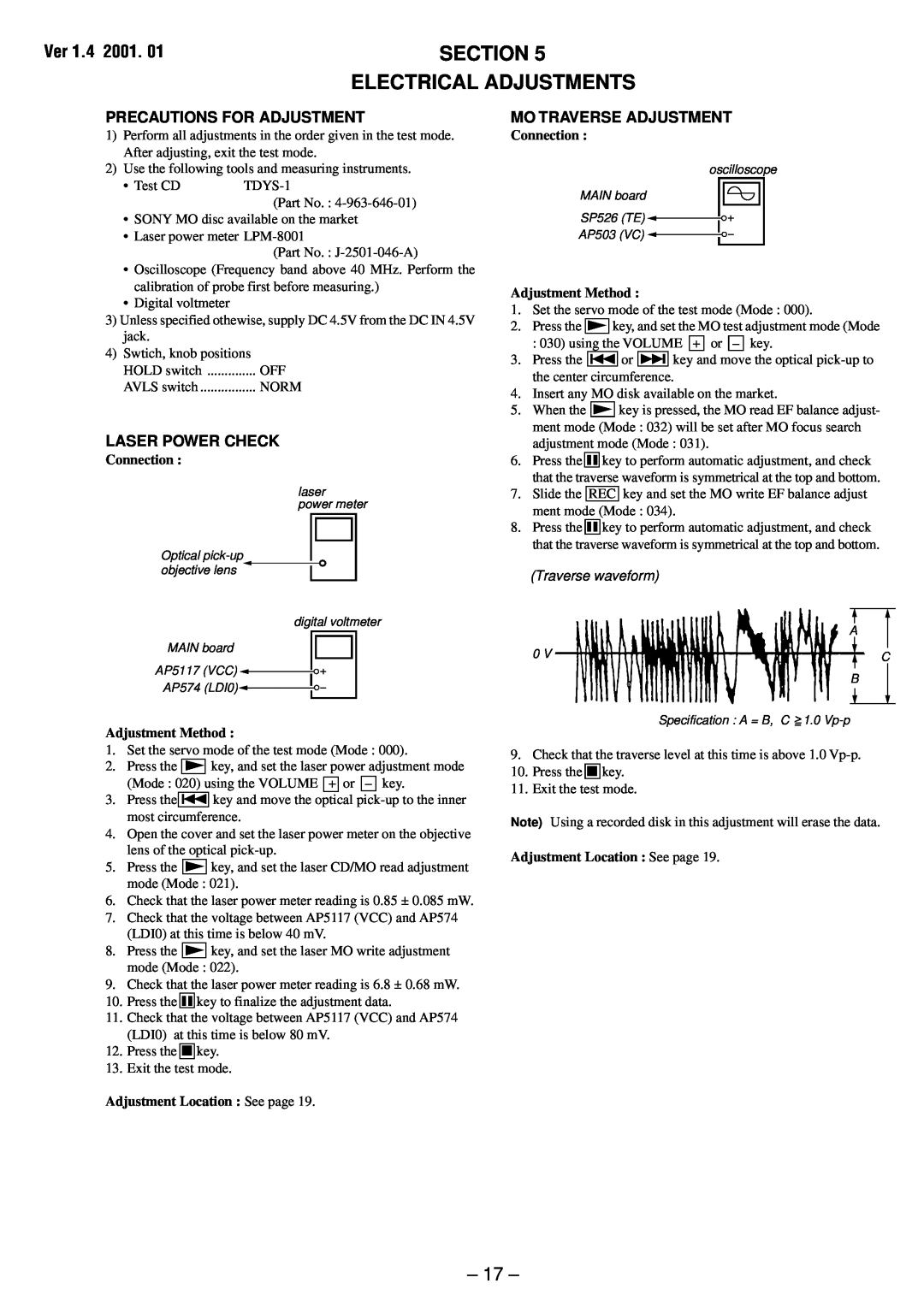 Sony MZ-R37 specifications Section Electrical Adjustments, 17, Ver 1.4 2001, Precautions For Adjustment, Laser Power Check 