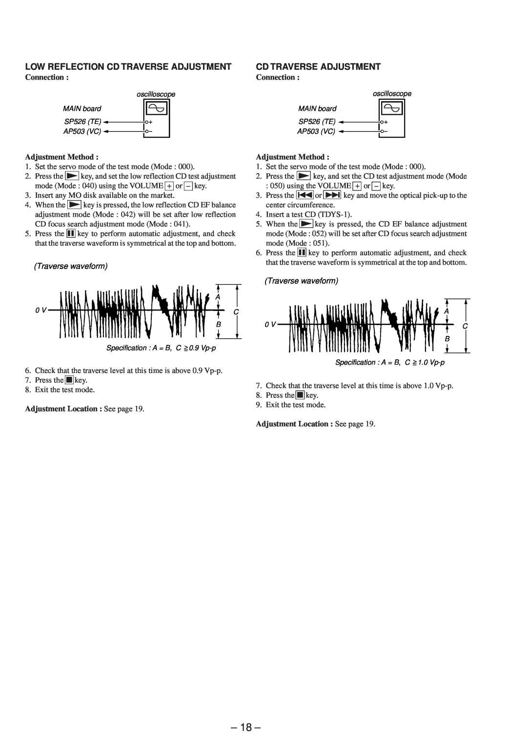 Sony MZ-R37 specifications 18, Low Reflection Cd Traverse Adjustment, Connection, Traverse waveform 