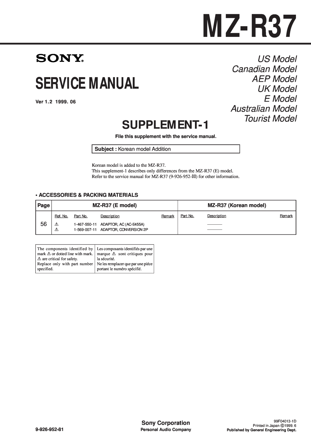 Sony MZ-R37 Service Manual, SUPPLEMENT-1, Ver 1.2 1999, Subject : Korean model Addition, • Accessories & Packing Materials 