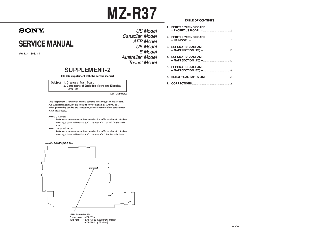 Sony MZ-R37 SUPPLEMENT-2, Ver 1.3 1999, Printed Wiring Board, Schematic Diagram, E Model Australian Model Tourist Model 