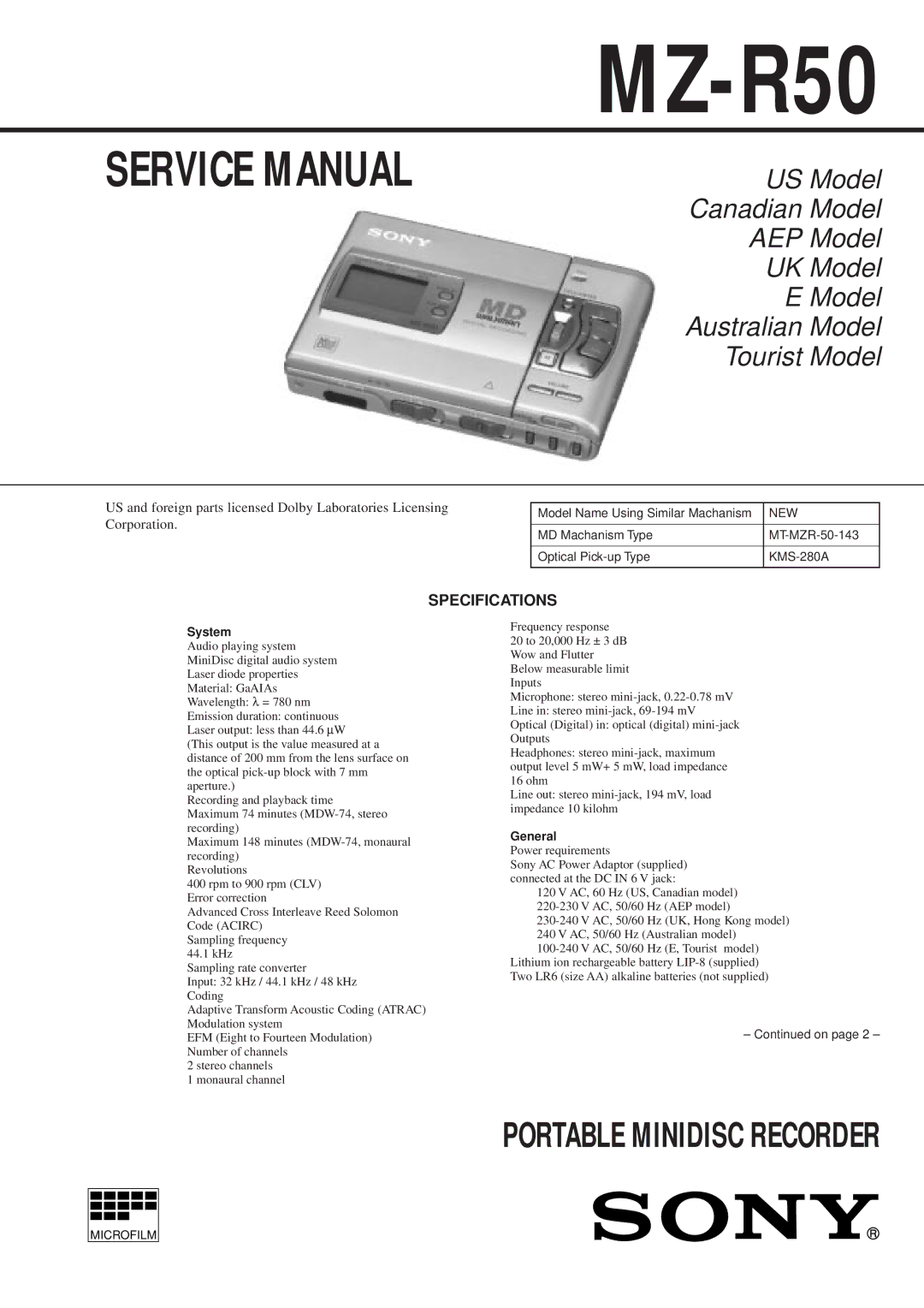 Sony MZ-R50 service manual Specifications, New 