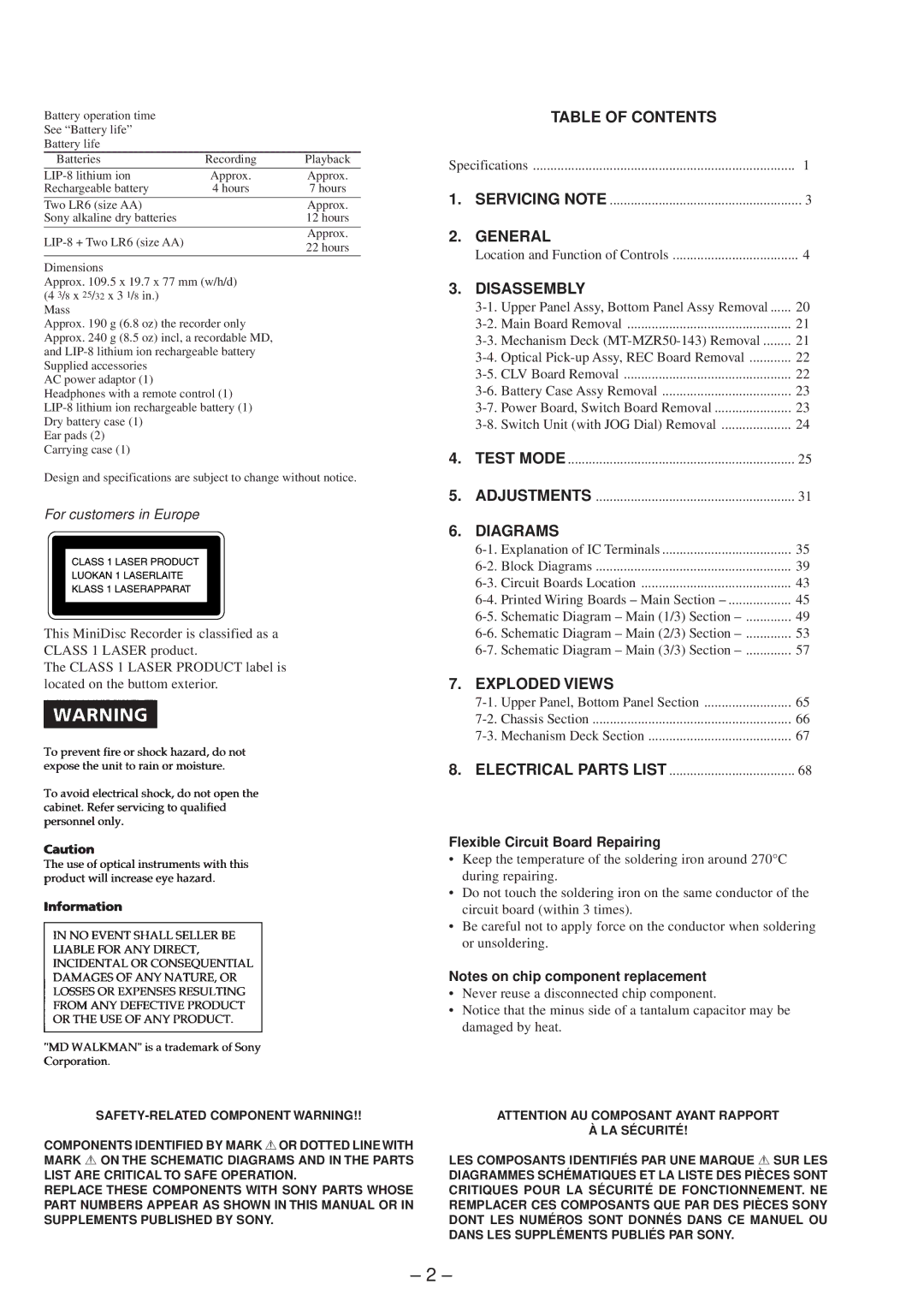 Sony MZ-R50 service manual Table of Contents, General, Disassembly, Diagrams, Exploded Views 