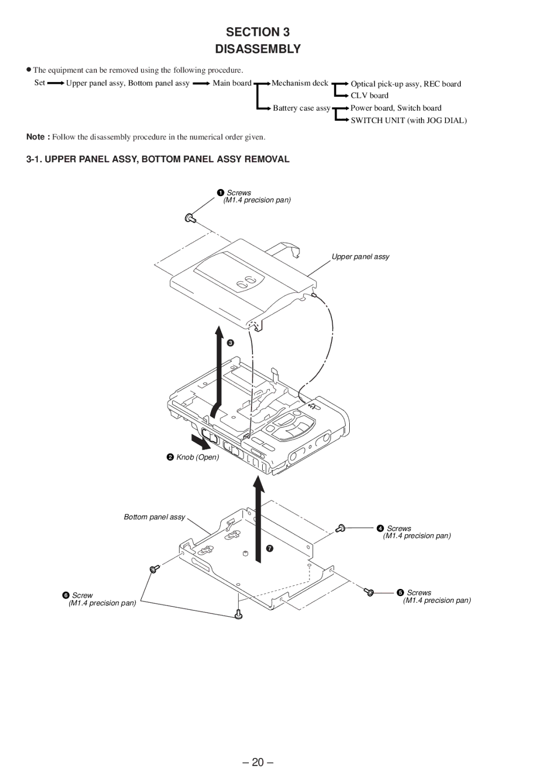 Sony MZ-R50 service manual Section Disassembly, Upper Panel ASSY, Bottom Panel Assy Removal 