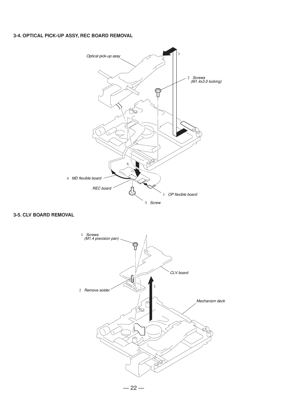 Sony MZ-R50 service manual Optical PICK-UP ASSY, REC Board Removal, CLV Board Removal 